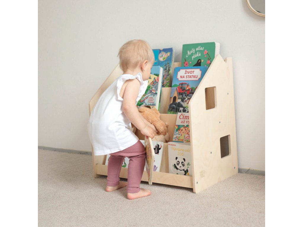 BusyKids Montessori front-facing bookshelf lifestyle