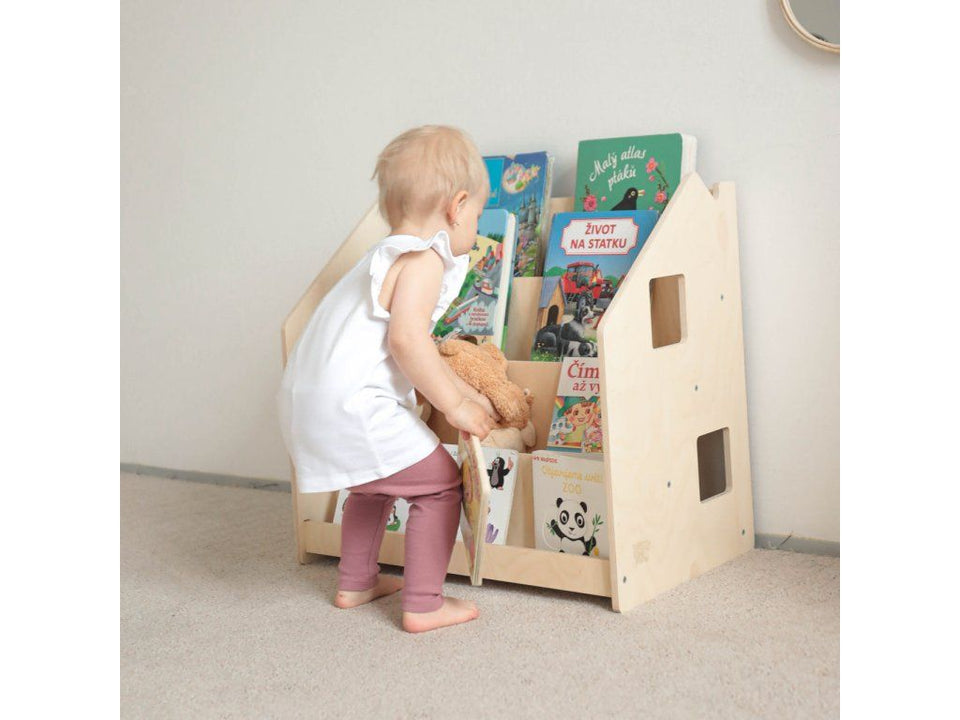 BusyKids Montessori front-facing bookshelf lifestyle